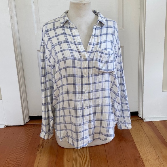 Melrose & Market Long Sleeve White Blue Plaid Button Down Top‎ XS - Picture 1 of 6